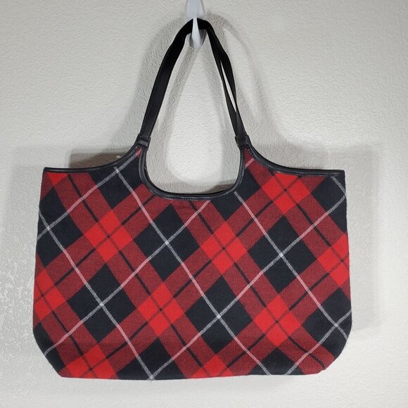 Victorias Secret Red & Black Tartan Plaid Tote Bag VS Logo Hobo 19.5" x 12" - Picture 2 of 9